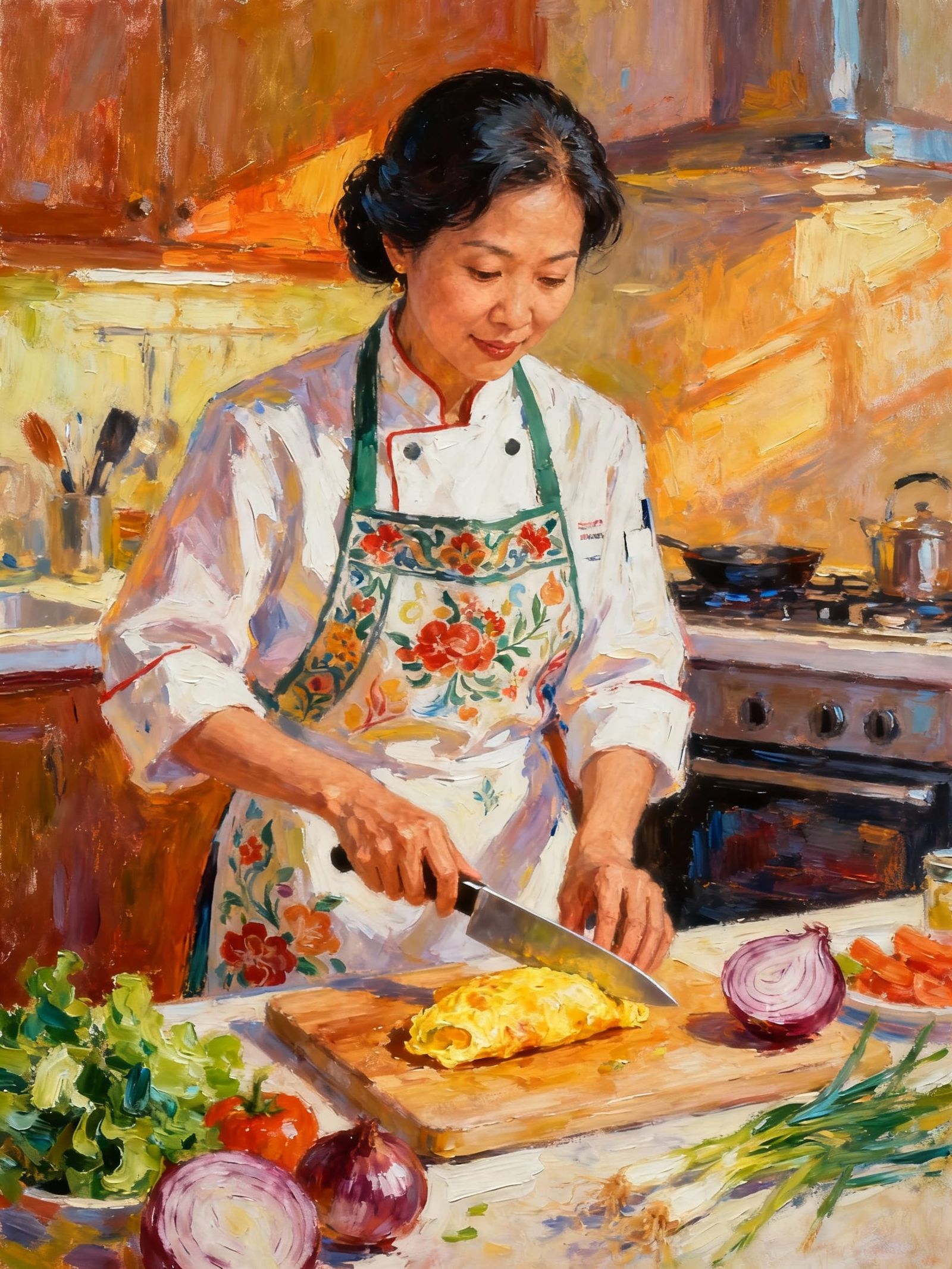 Asian Chef Preparing Omelette in Vivid Impressionist Style