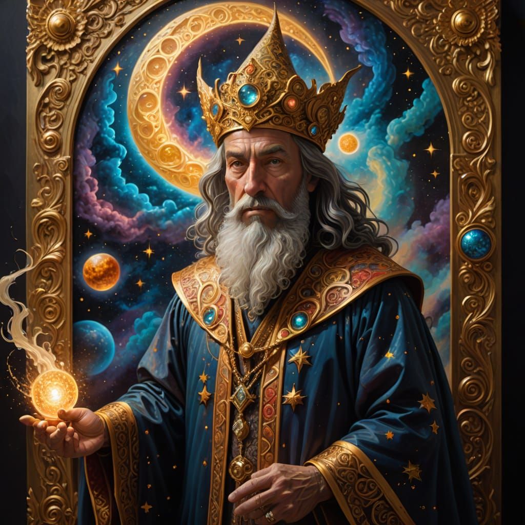 Cosmic Wizard with Gold Leaf in Surreal Gallery