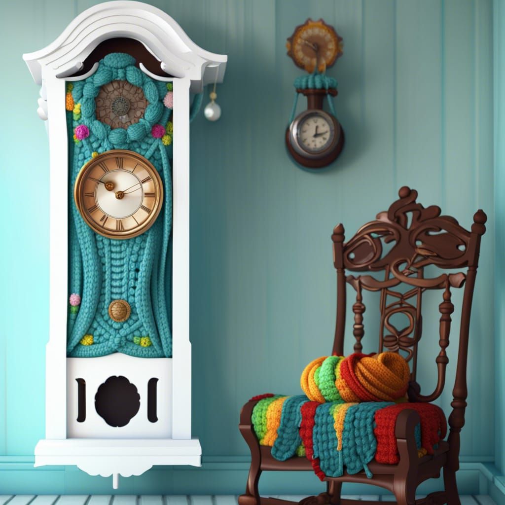 Crochet Knitted Clock and Rocking Chair: Interior Design
