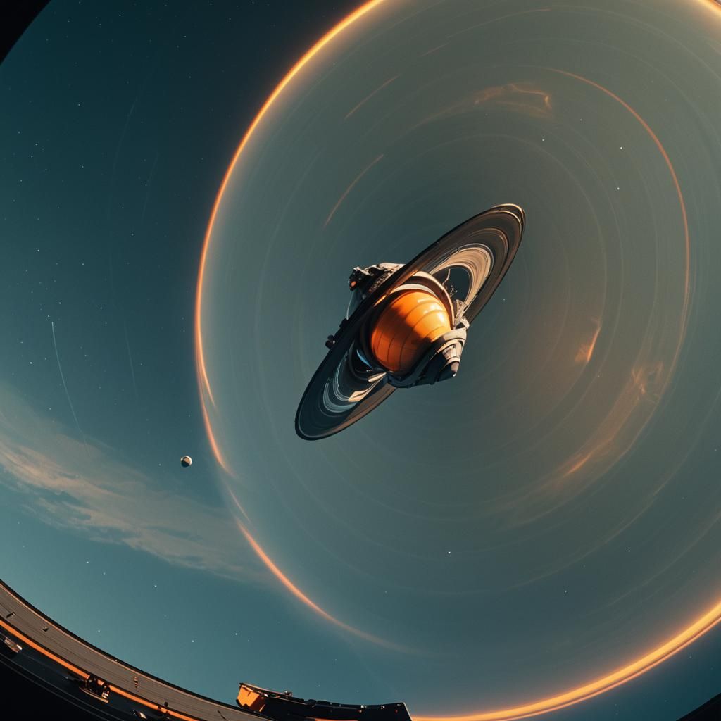 Spaceship Approaches Saturn in Cinematic Film Still