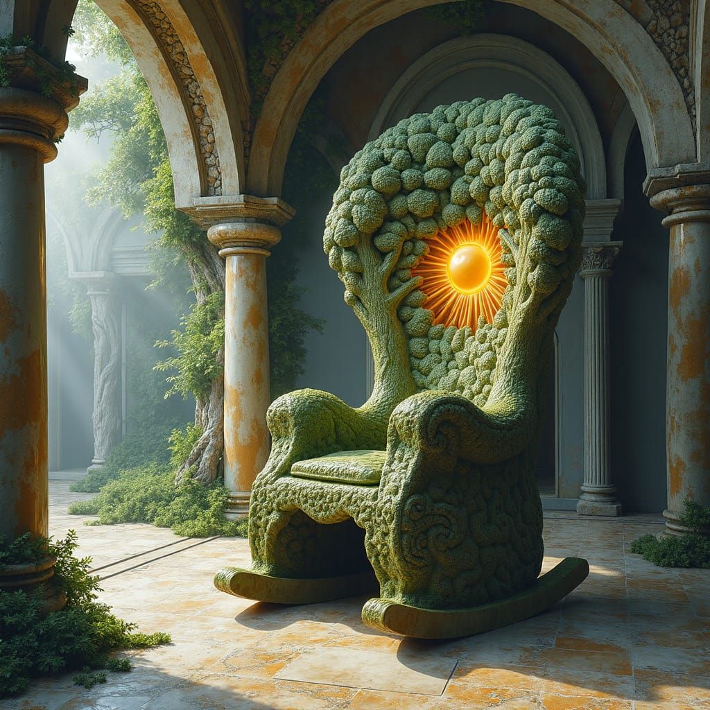 Carved Glass Rocking Chair with Tree City, Impasto Oil Paint...