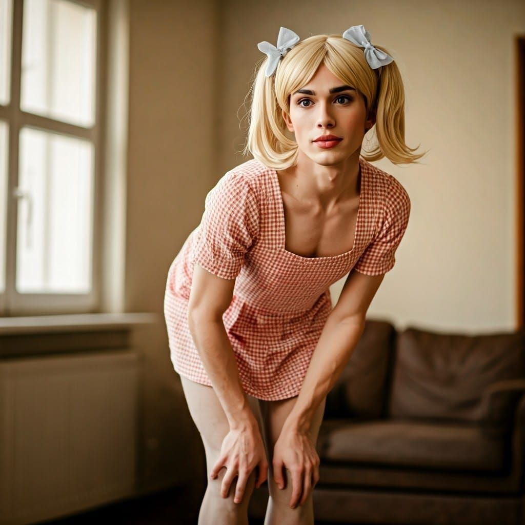 Young Man in Gingham Dress Posing Gracefully