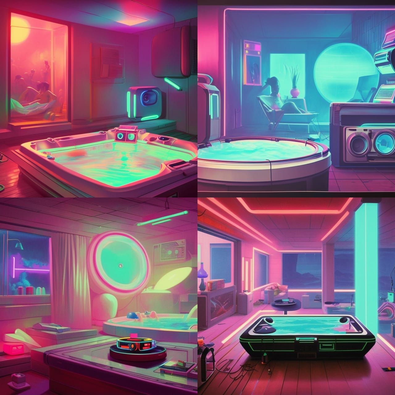 Vaporwave Jacuzzi with Neon Lights, Retro Art