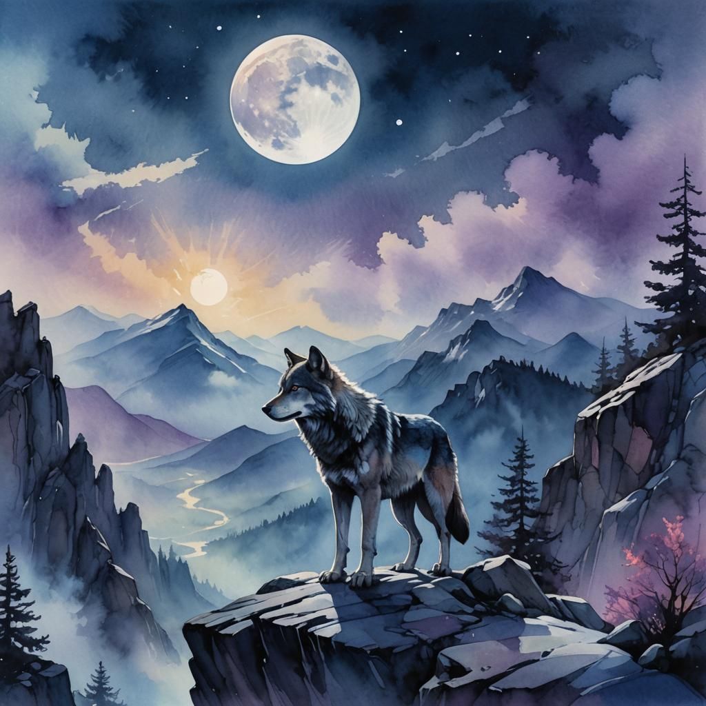 Mystical Wolf on Misty Mountain in Watercolor Style