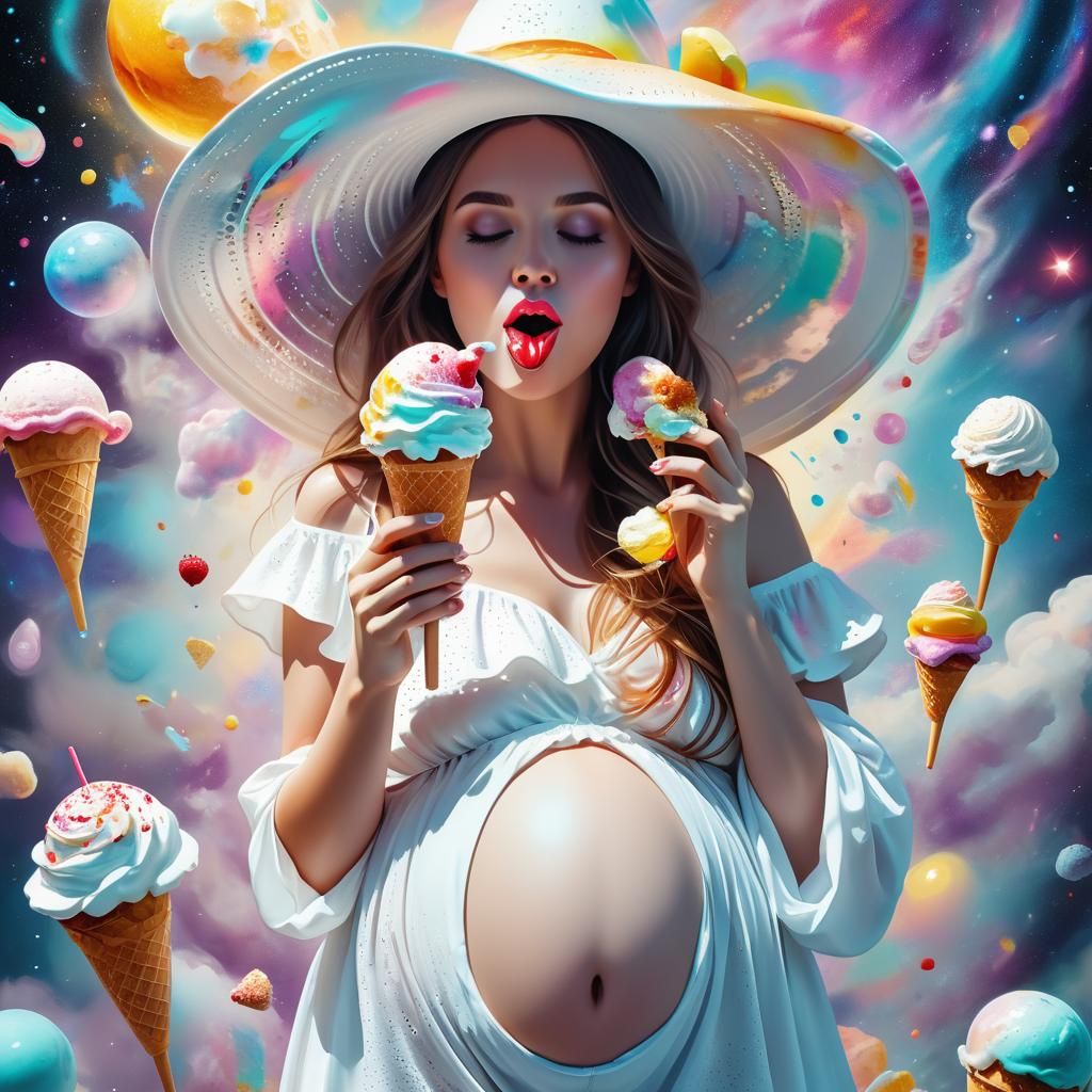 Pregnant Woman with Ice Cream, Cosmic Illustration
