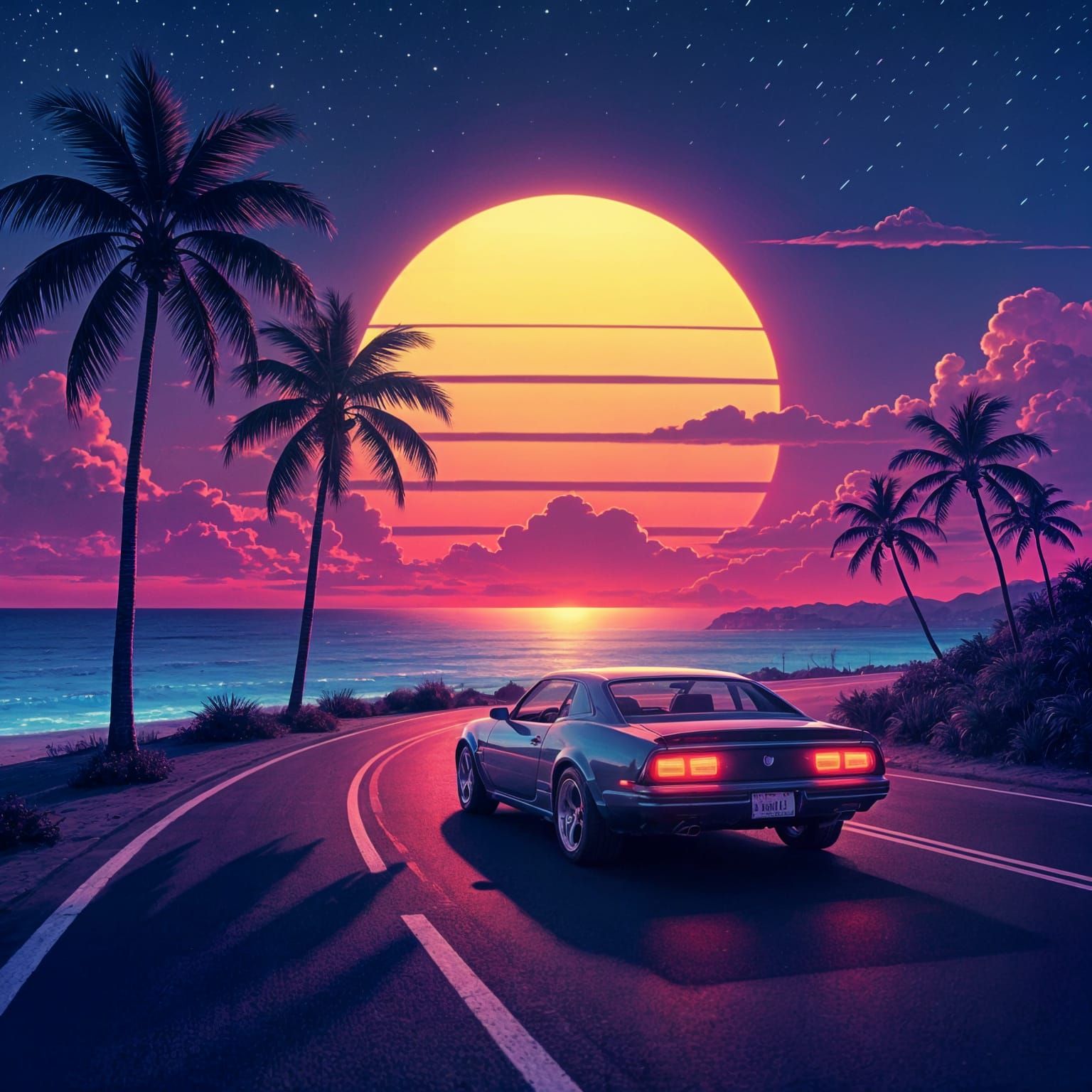 Synthwave Car Drifting on Neon Miami Beach