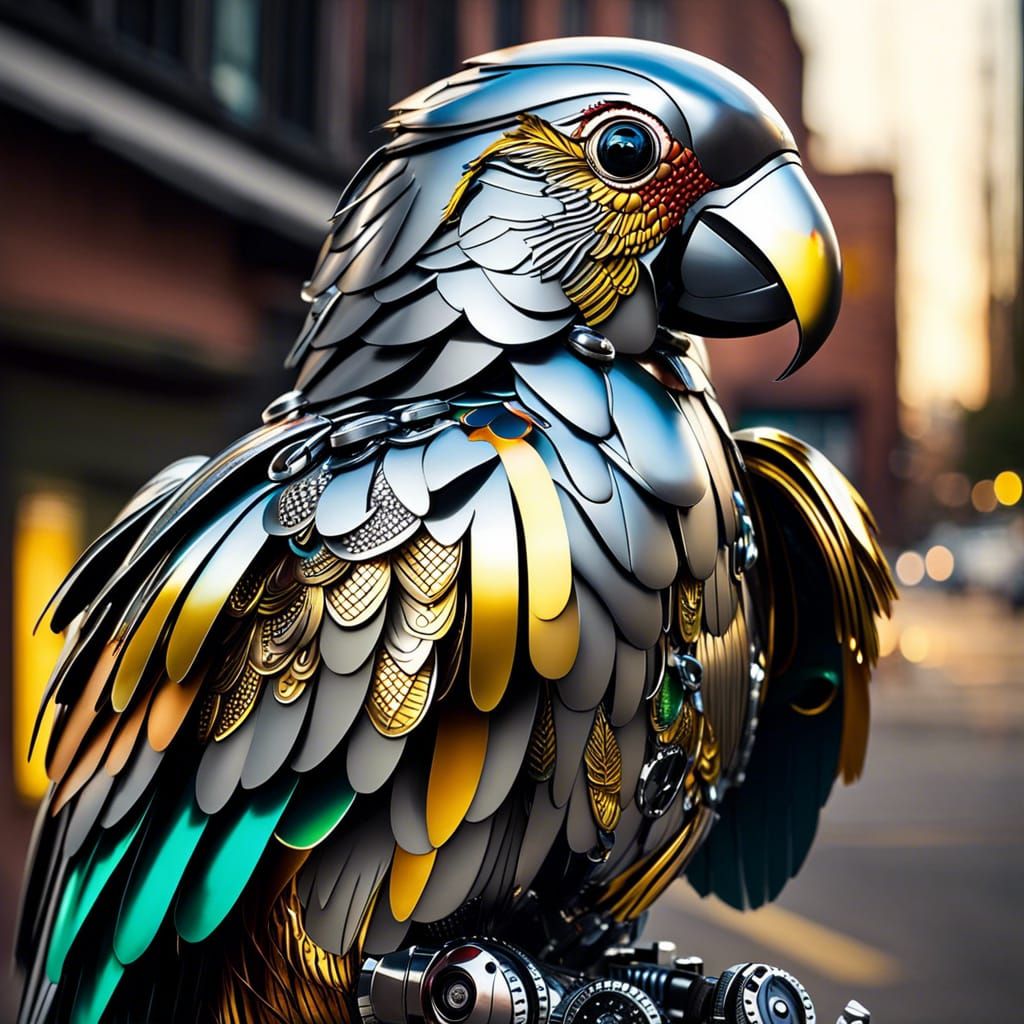 Metallic Parrot Robot Perched on Powerline