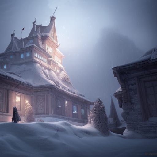 Snowy Village Castle: Dark Fantasy Concept Art