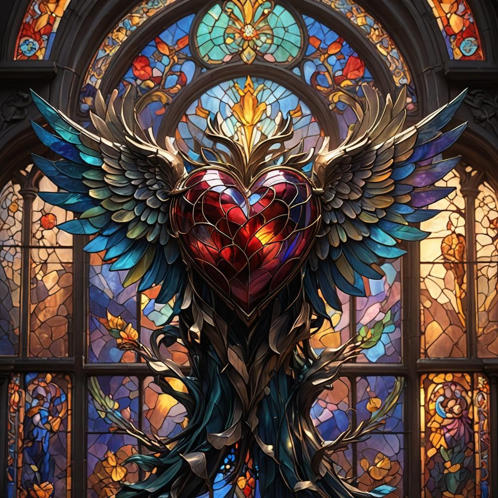 Radiant Stained-Glass Heart Statue in Art Nouveau Style