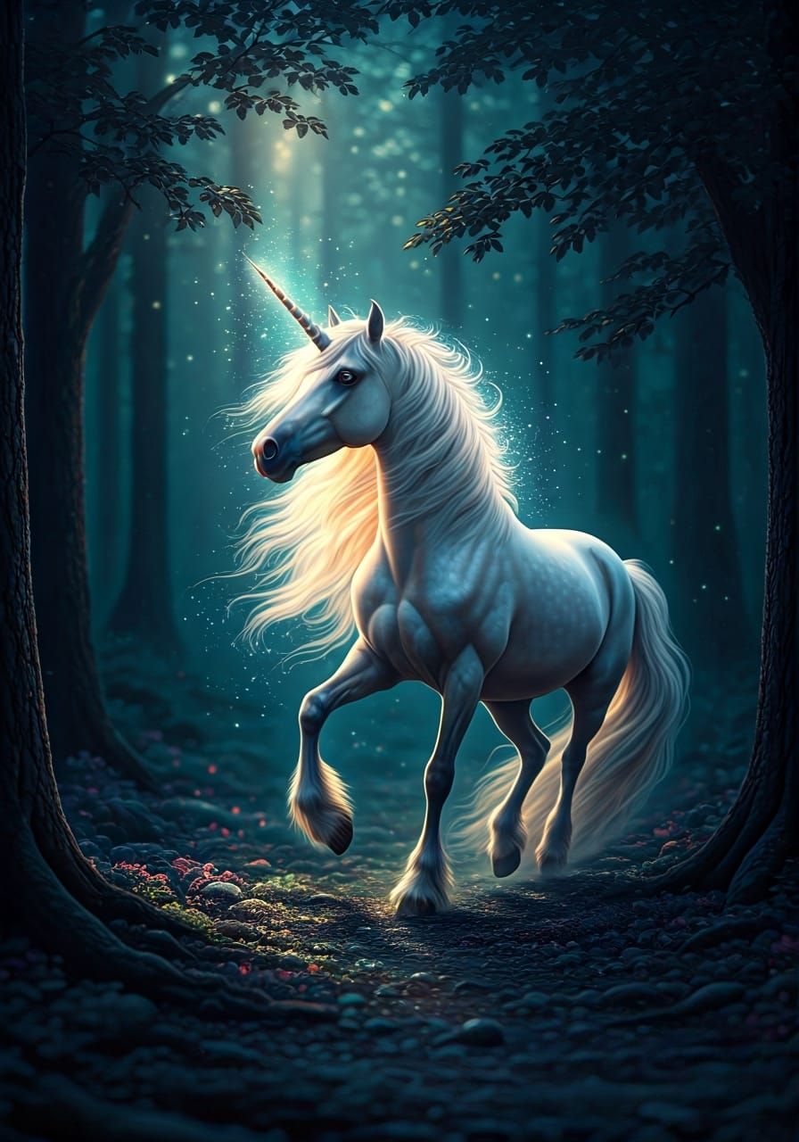 Unicorn Emerges from Mystical Forest