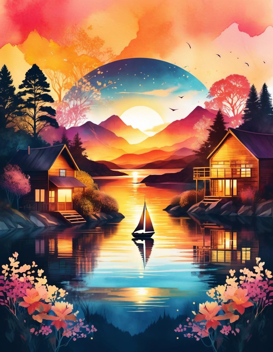 Vibrant Double Exposure Art: Sunset Silhouette