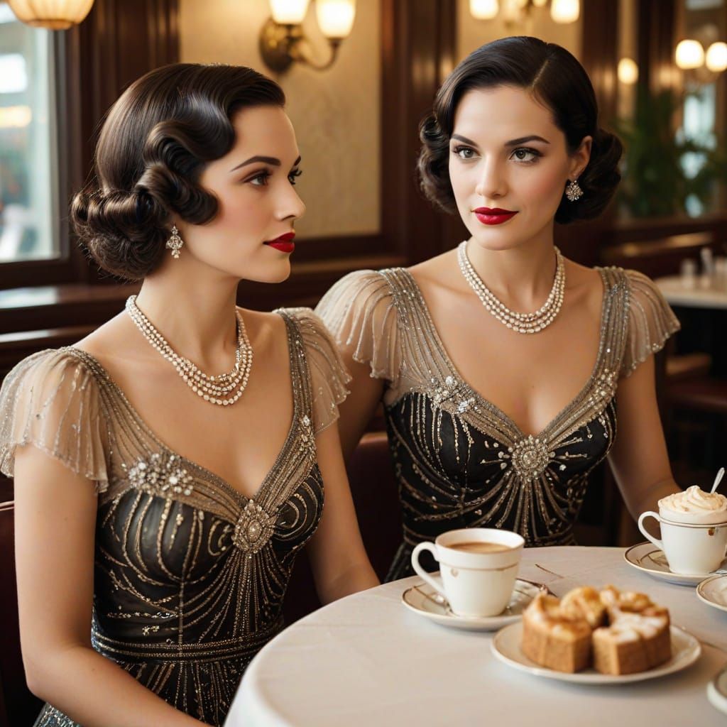 Elegant Friends in 1930s Cafe, Art Deco Style