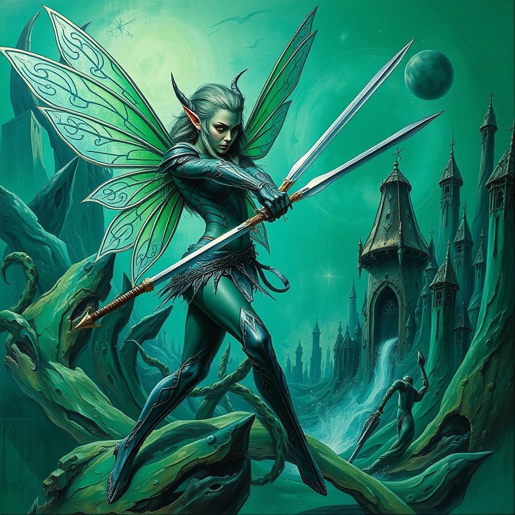 Futuristic Elf Warrior in Surreal Impasto Landscape
