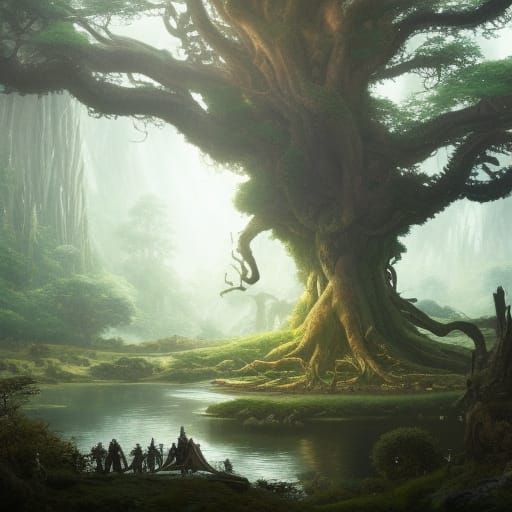 Majestic World Tree in Enchanted Forest, Fantasy Art