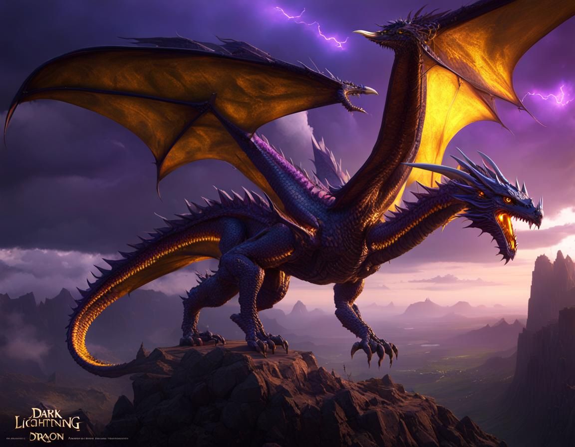 Dark Lightning Dragon in Flight, Hyperdetailed Fantasy Art