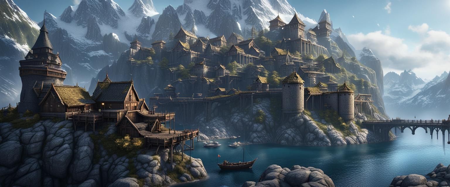 Epic Viking City on Mountain Outcrop in 3D