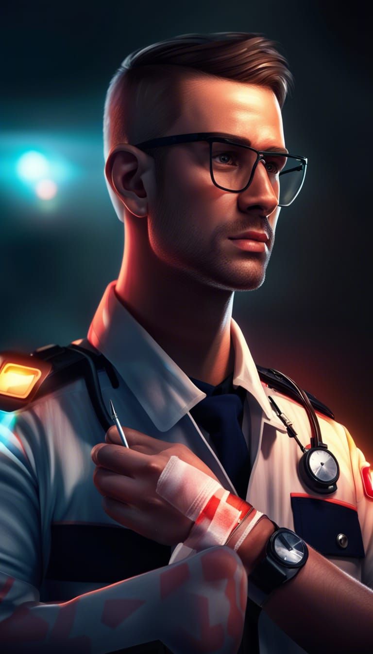 Attractive Paramedic Bandaging Patient in Rosy Atmosphere