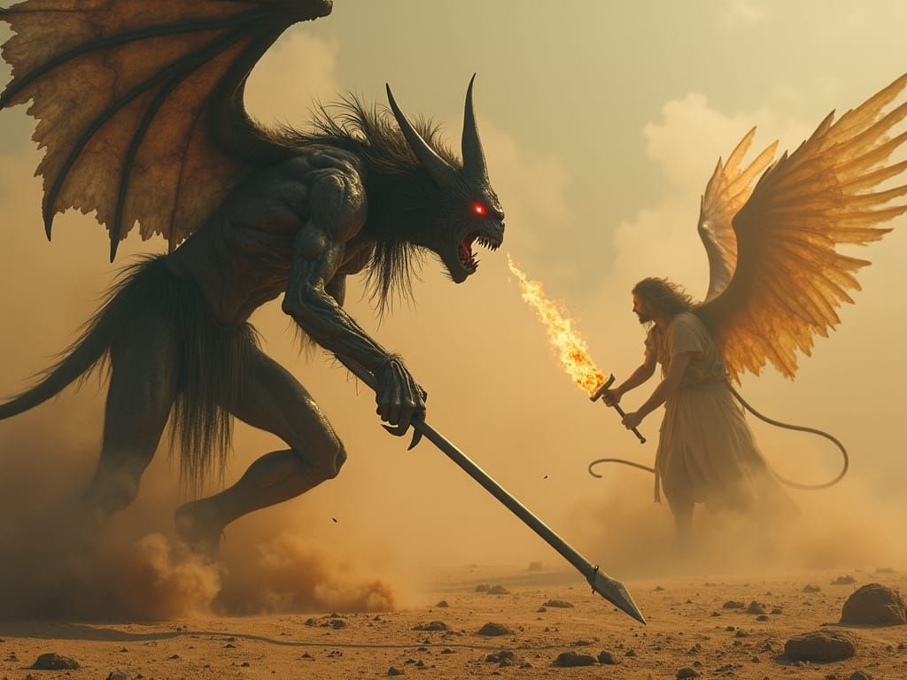 Epic Battle of Angel and Demon in Surreal Style