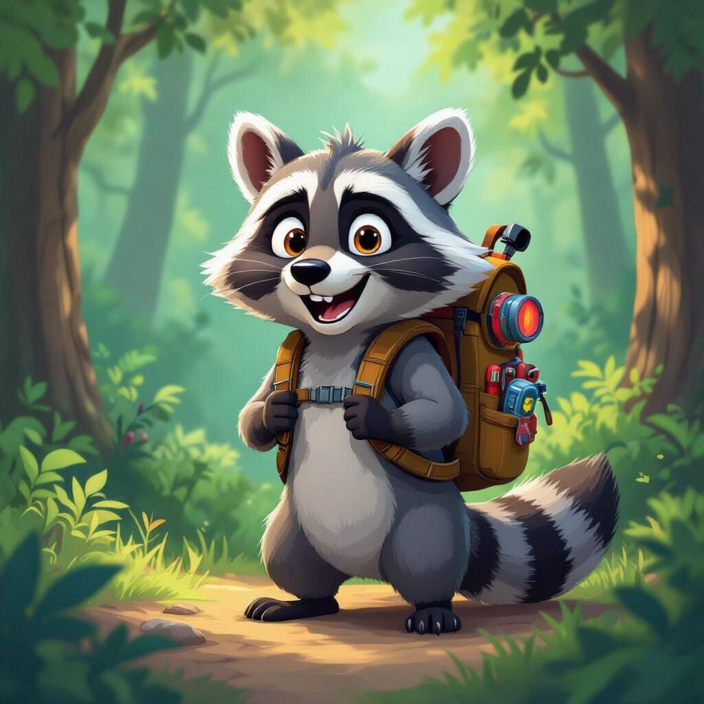 Adventurous Cartoon Raccoon Exploring Forest in Disney Style