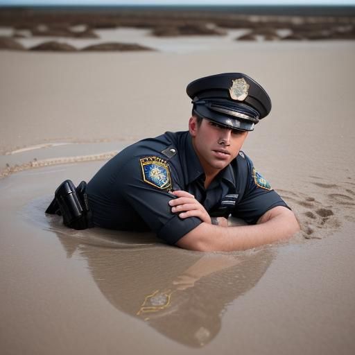 Male Police Officer Sinking in Quicksand, Photography