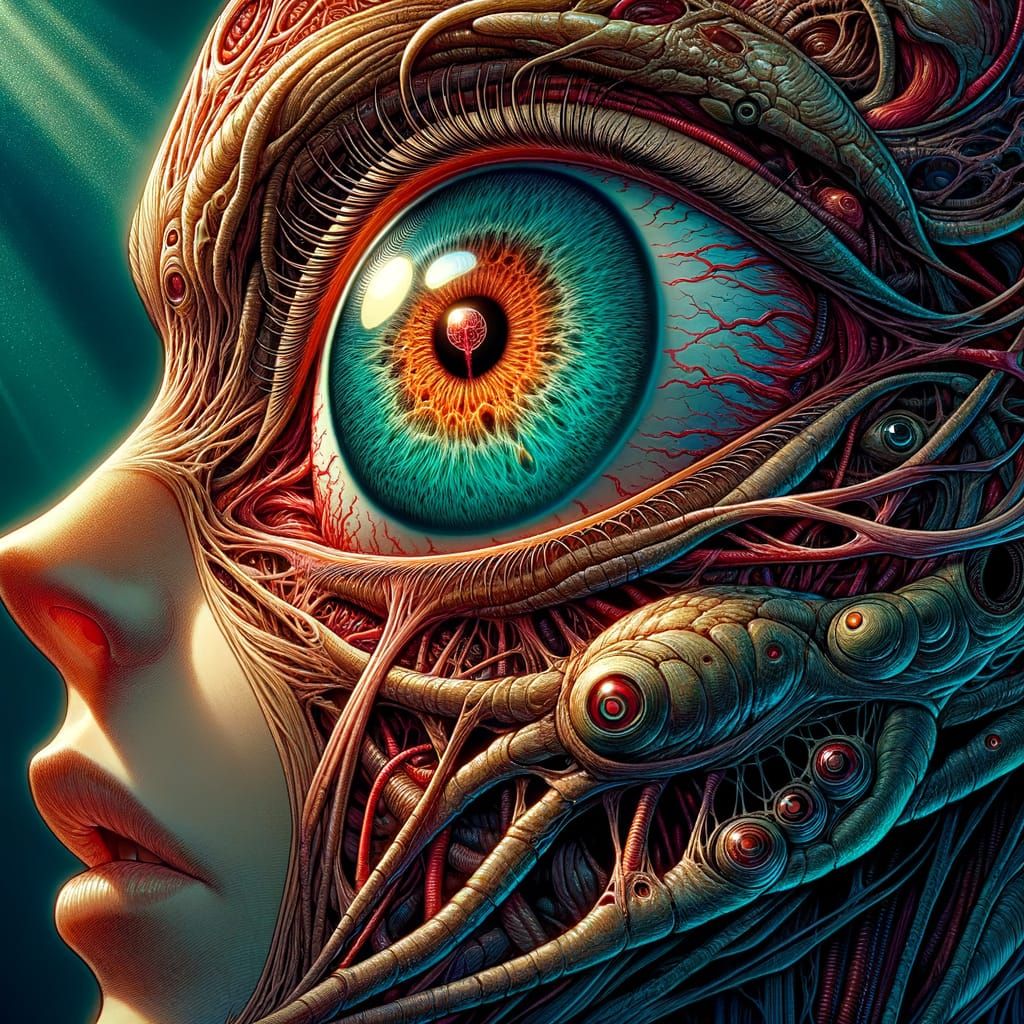 Anime Face Gazes Up at Monstrous Eye