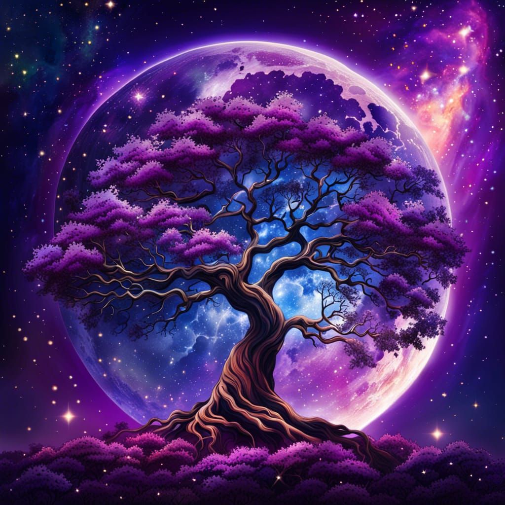 Purple Cloud Tree on Star Nebula, Digital Matte Painting