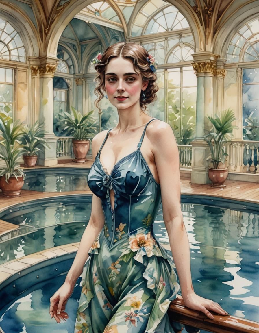 Victorian Woman in Indoor Pool Watercolor Portrait