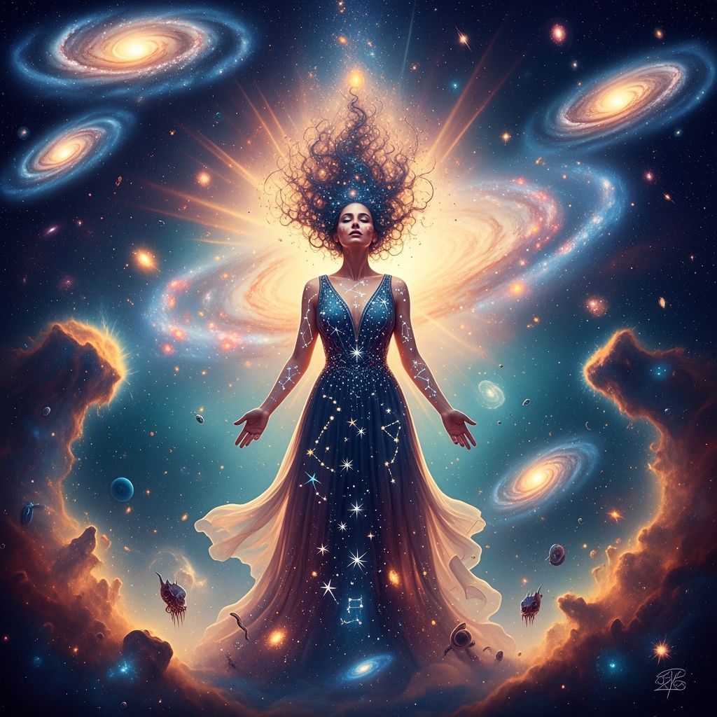 Celestial Goddess Emerges from Nebula in Surreal Style