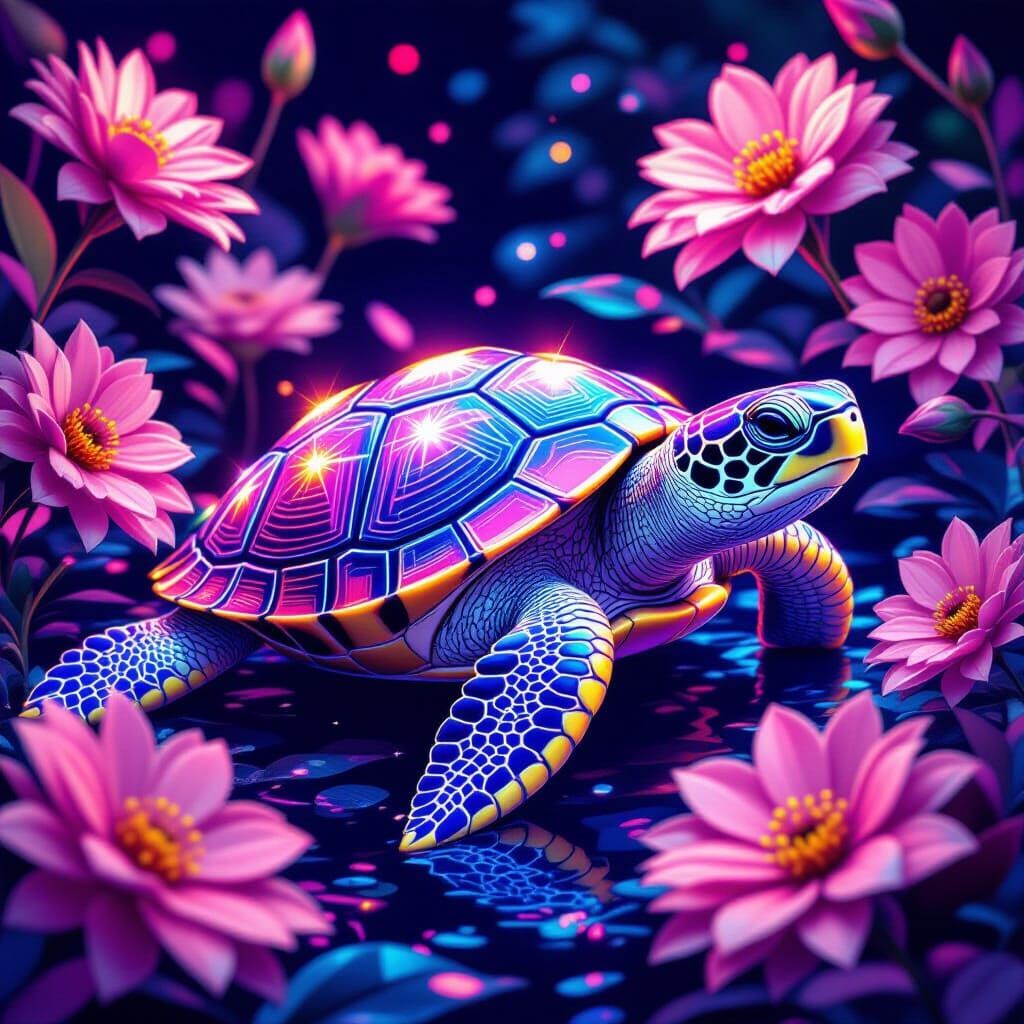 Neon Diamond Turtle Surrounded by Flowers