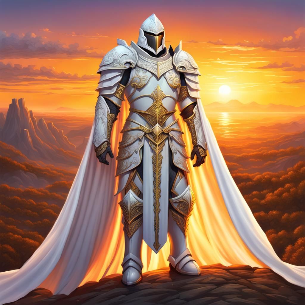 Hyperdetailed Paladin in White Cape at Sunset