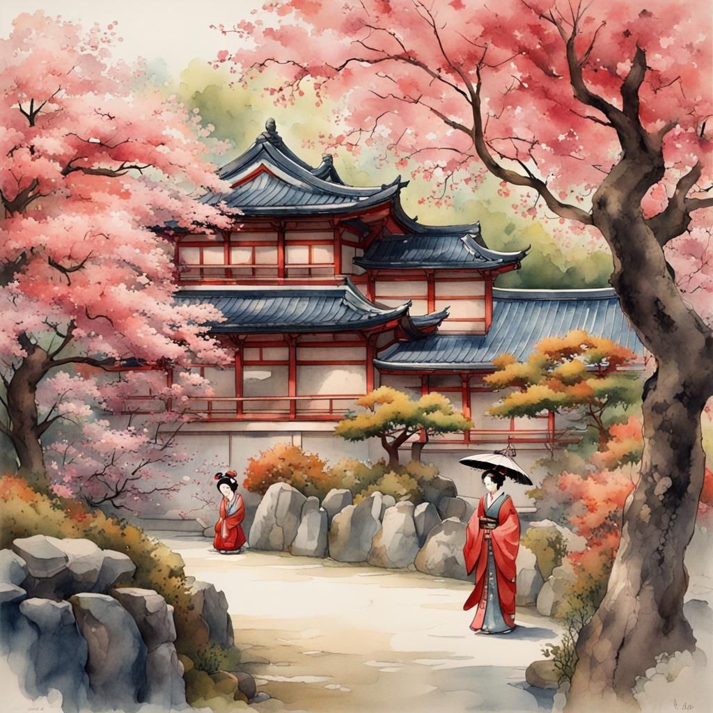 Geisha in Japanese Garden with Cherry Blossoms