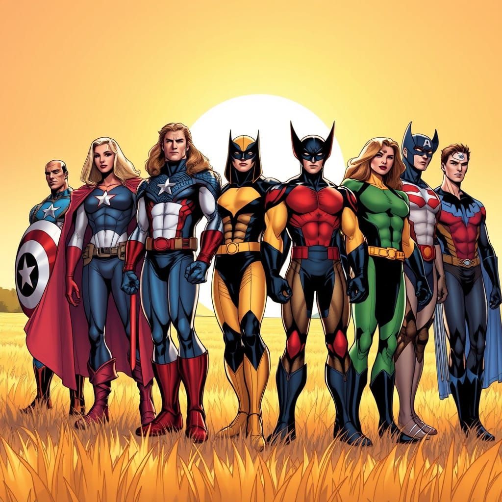 Superhero Legends Unite in Vibrant Golden Field