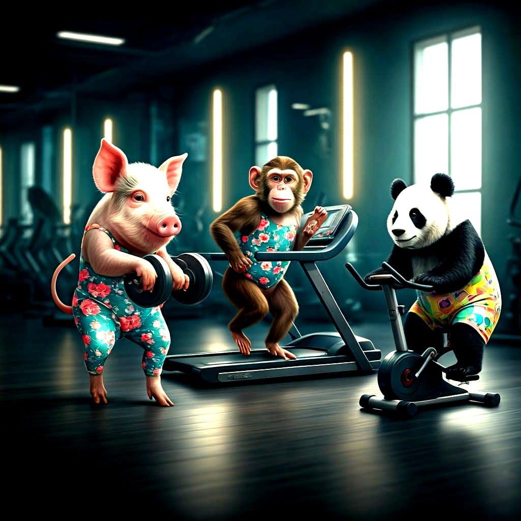 Realistic Gym Animals: Adorable Monkey, Piglet, and Panda in...