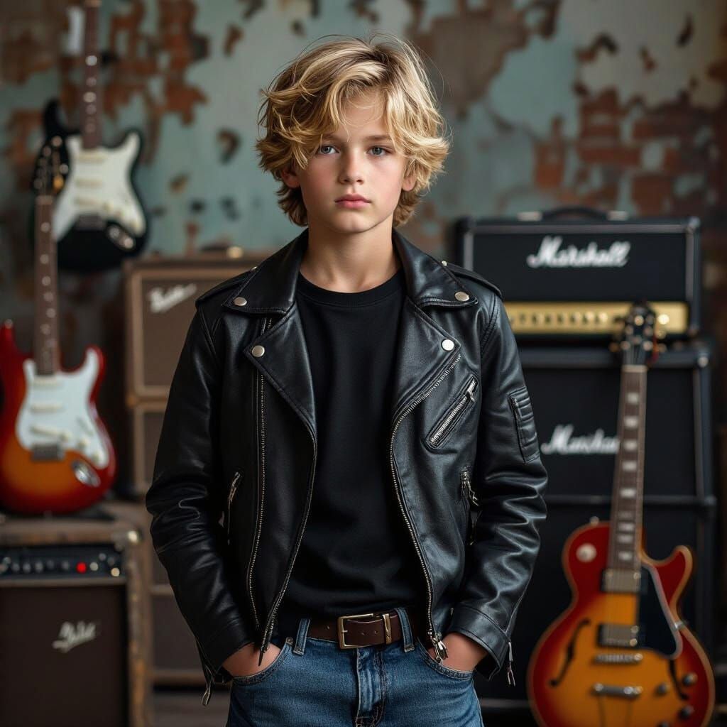 German Boy with Guitars in Industrial Rock Style