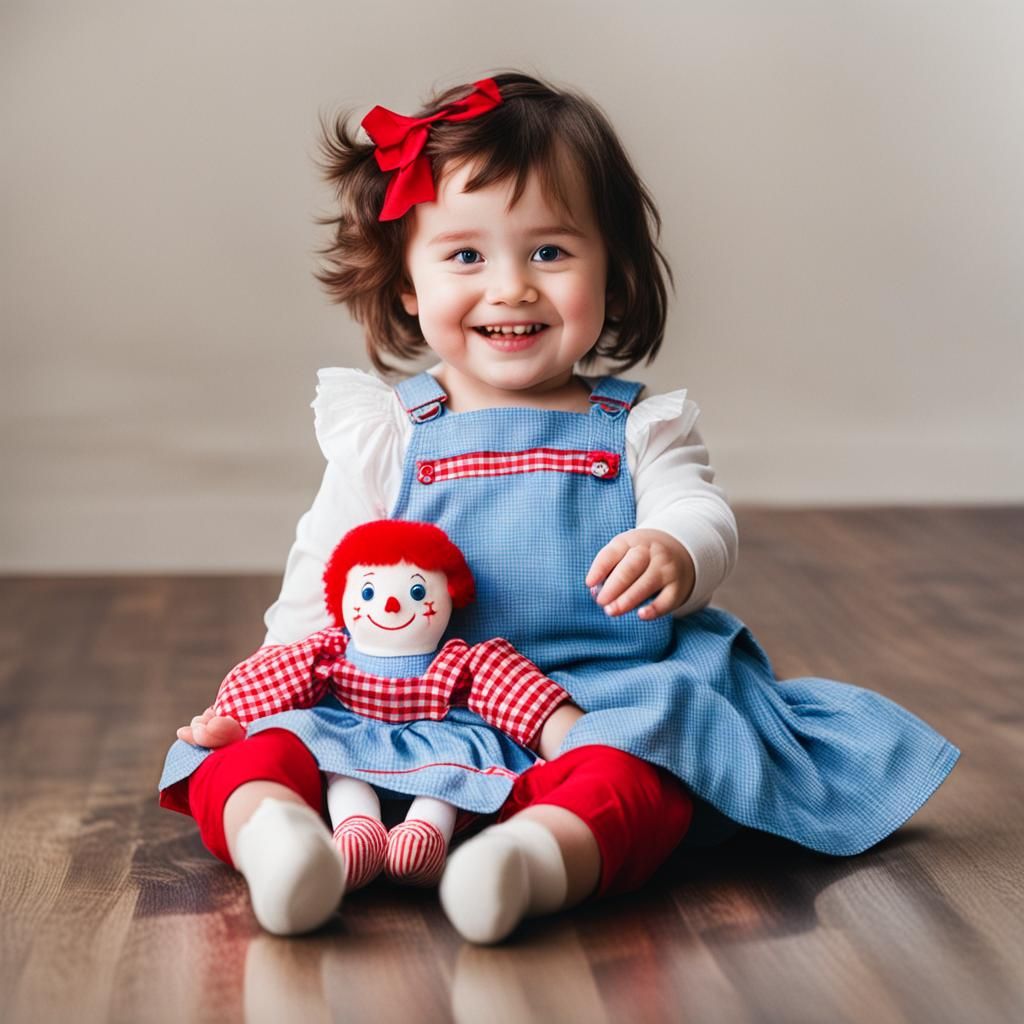 A brunette toddler playing with a Raggedy Ann doll