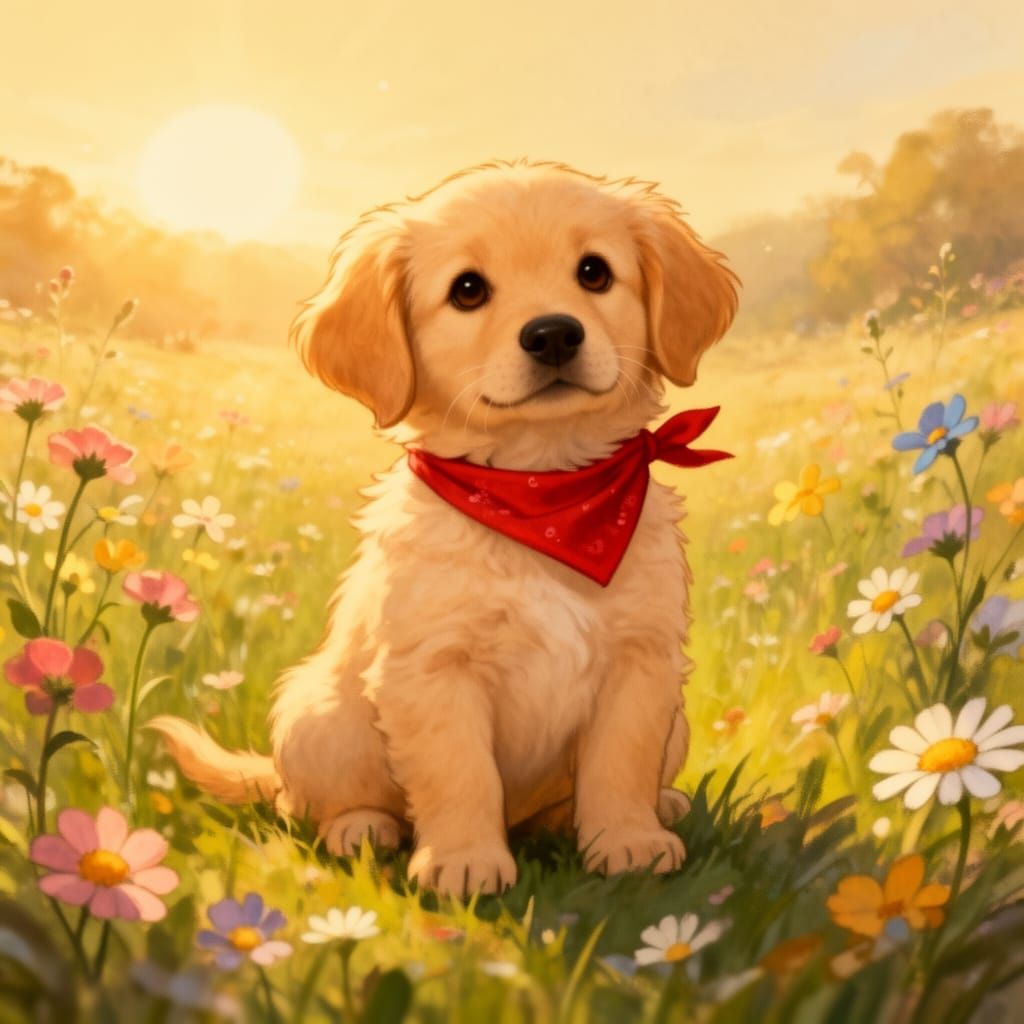 Fluffy Golden Retriever Puppy in Wildflower Meadow