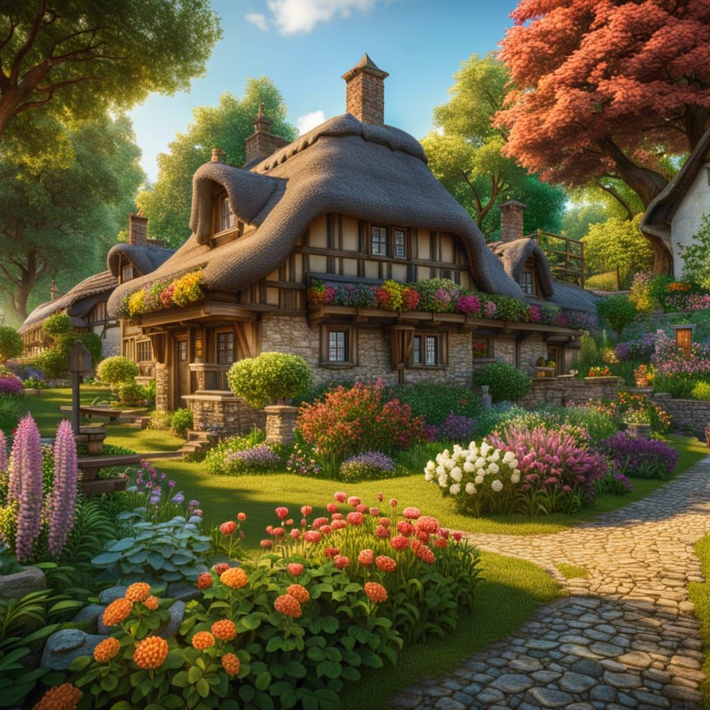 Idyllic Village Scene with Cottage and Flowers