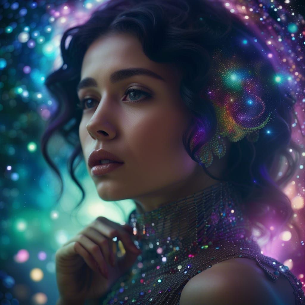 Woman with Jeweled Hair in Gem-like Galaxy