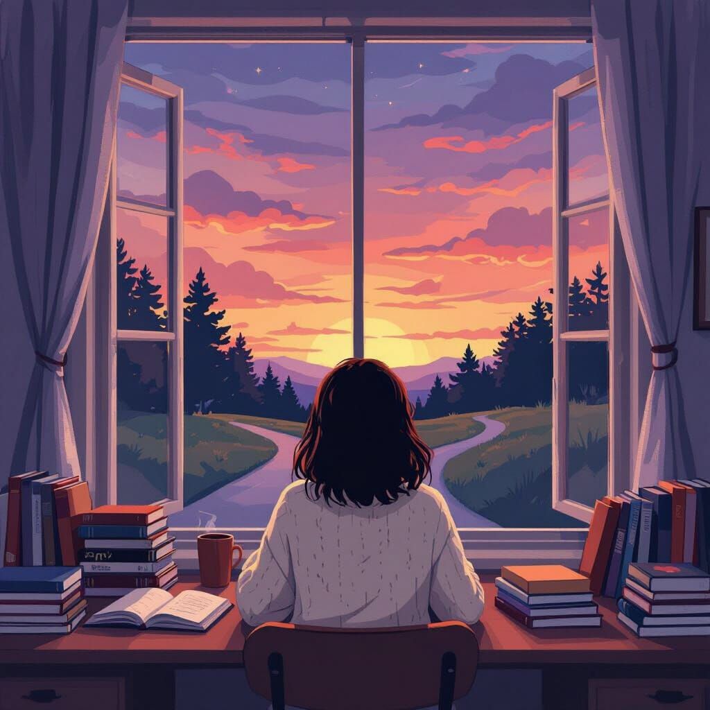 Cozy Girl at Desk in Lofi Cartoon Style