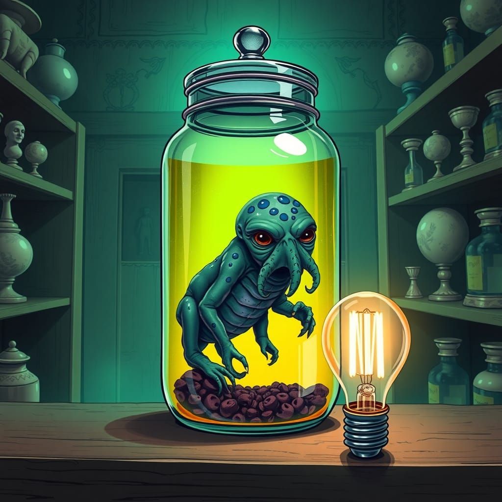 Eerie Jar with Cthulhu Baby & Curiosities