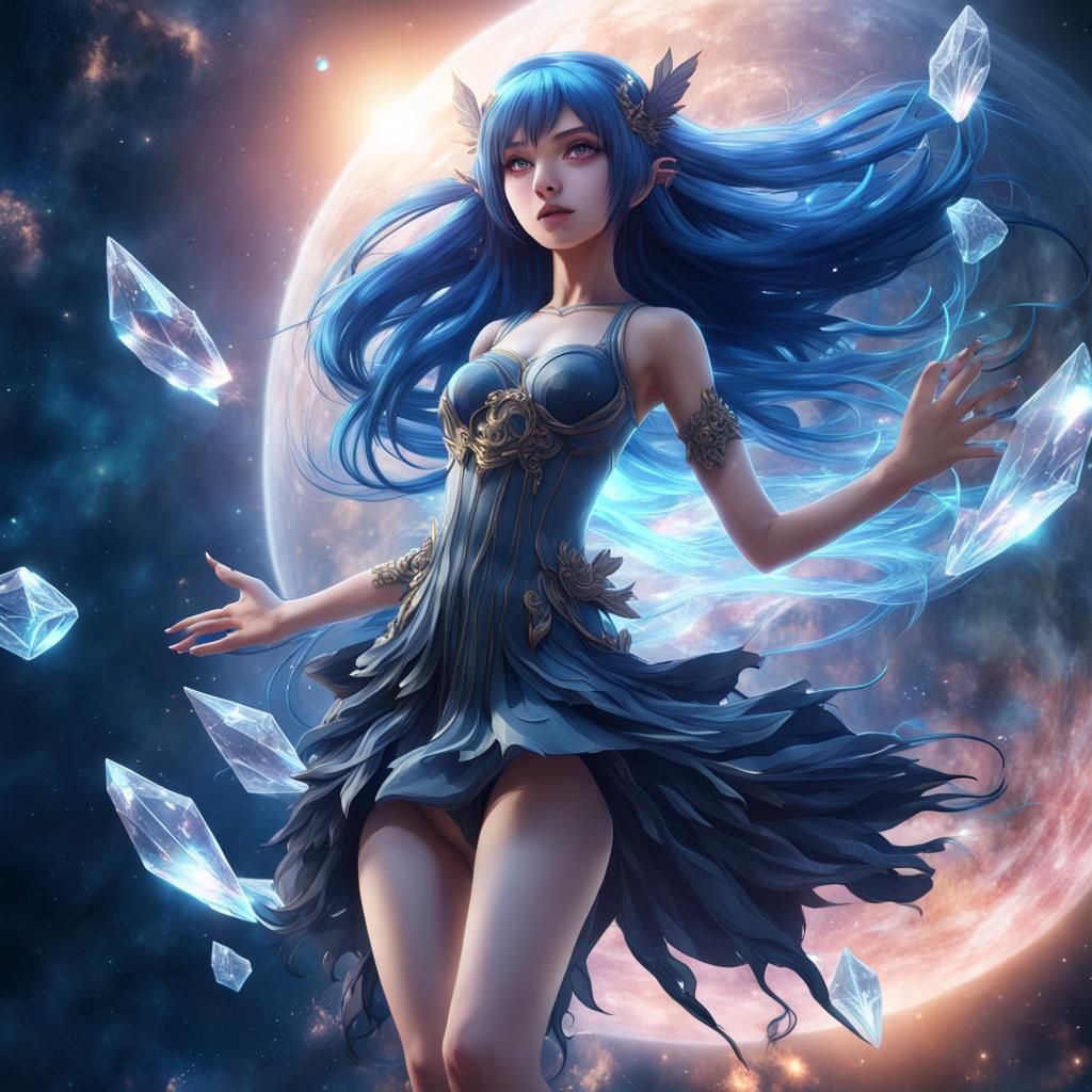 Anime Crystal Fairy Girl Flying in Space