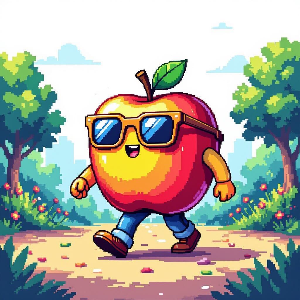 Pixel Art Apple with Sunglasses in 8-Bit Style