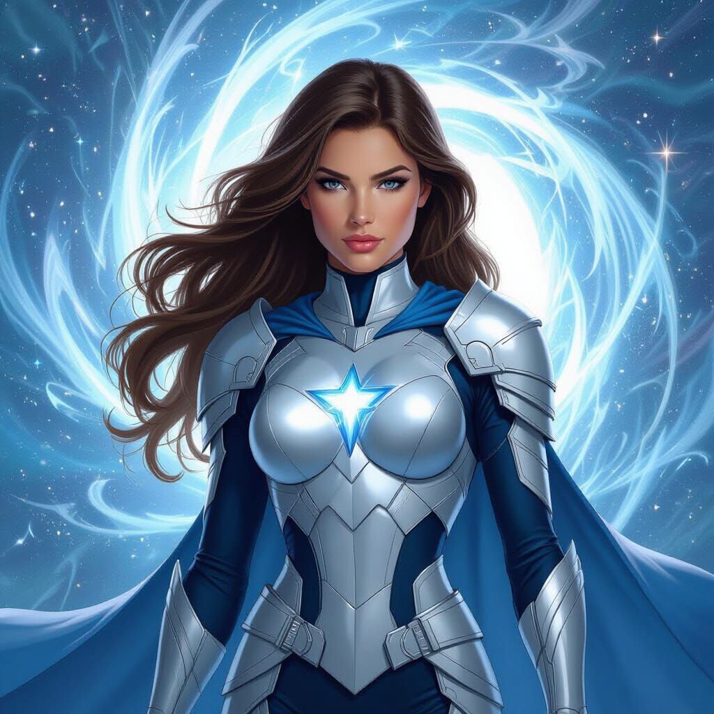 Female Superhero in Silver Blue Armor with Swirling Energy B...