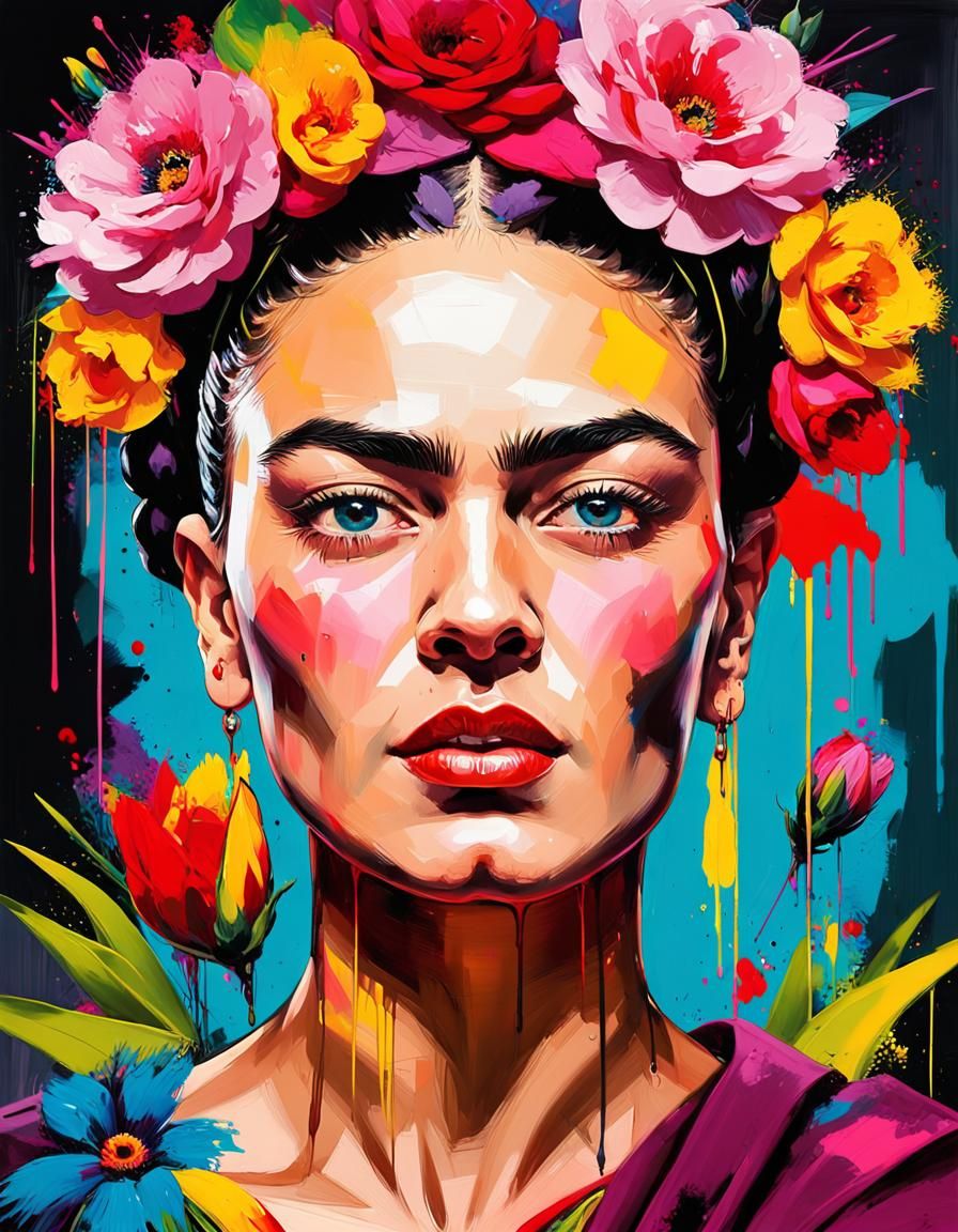 Frida Kahlo Colorful Portrait in Flower Garden