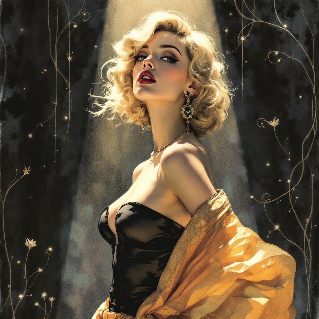 1950s Pin-Up in Art Nouveau Sumi-e Style