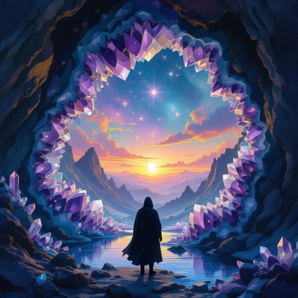Wanderer at Amethyst Geode with Bioluminescent Crystals