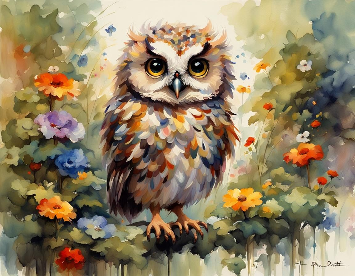 Chibi Owl in Garden, Impressionistic Watercolor