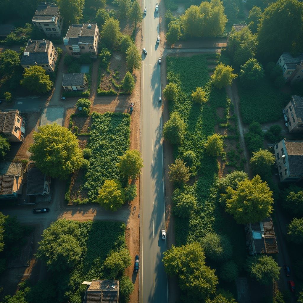 Dramatic Aerial View of City Divided by Street