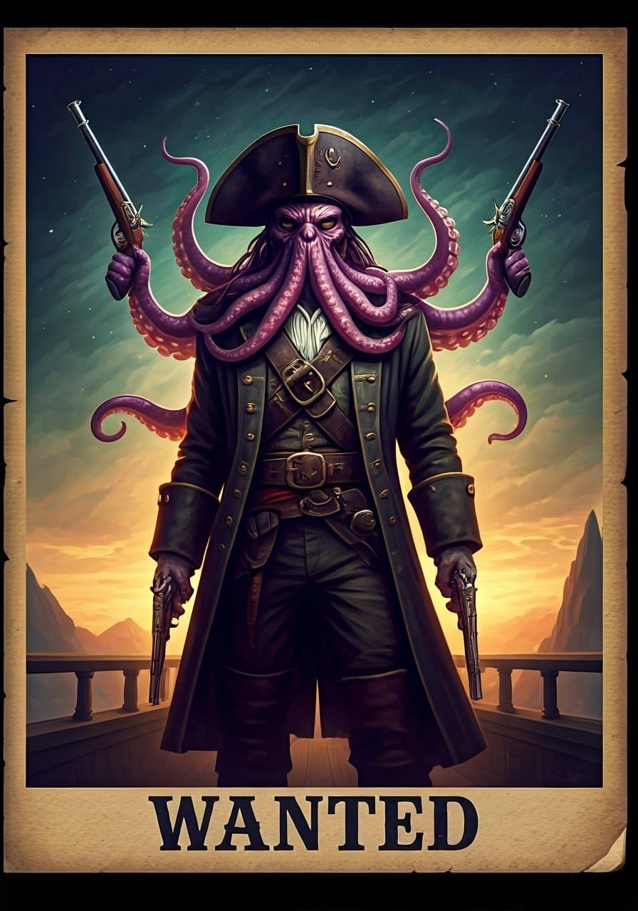 Wanted: Octopus Alien Pirate Bounty Poster