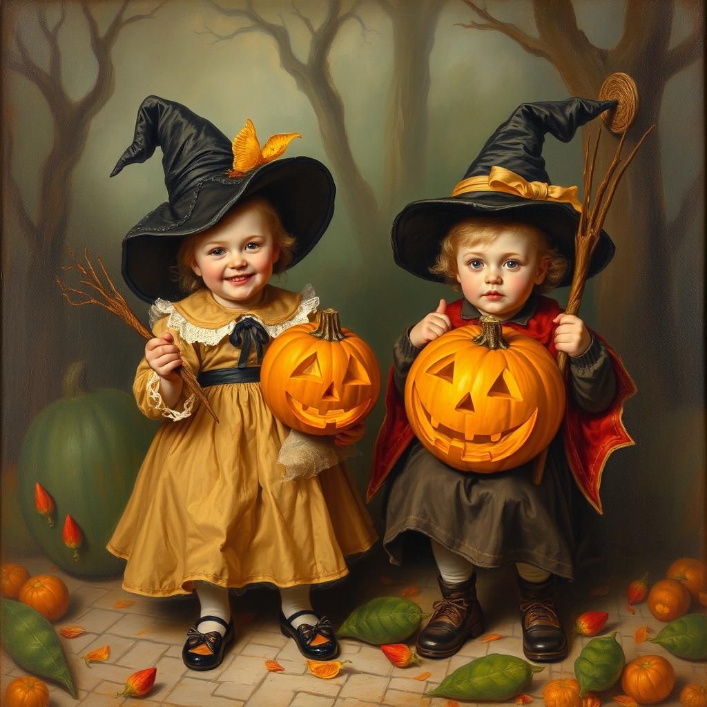 Victorian Children's Halloween Celebration as Oil Painting